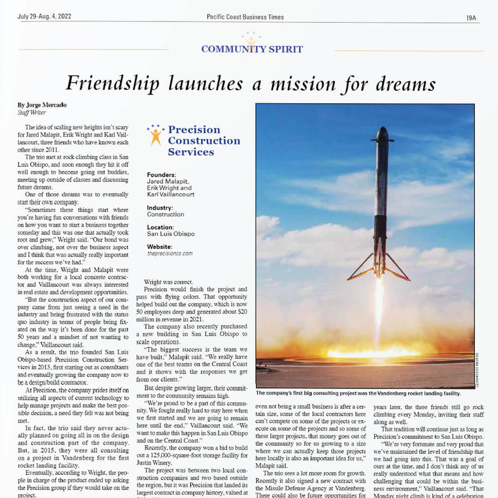 Business Times Article Featured Precision Wins 2022 Spirit of Small Business Award